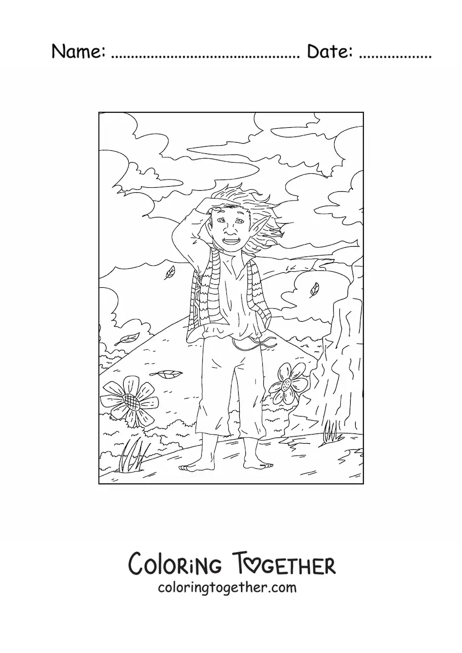Coloring page of a realistic troll boy on a mountain with flowers