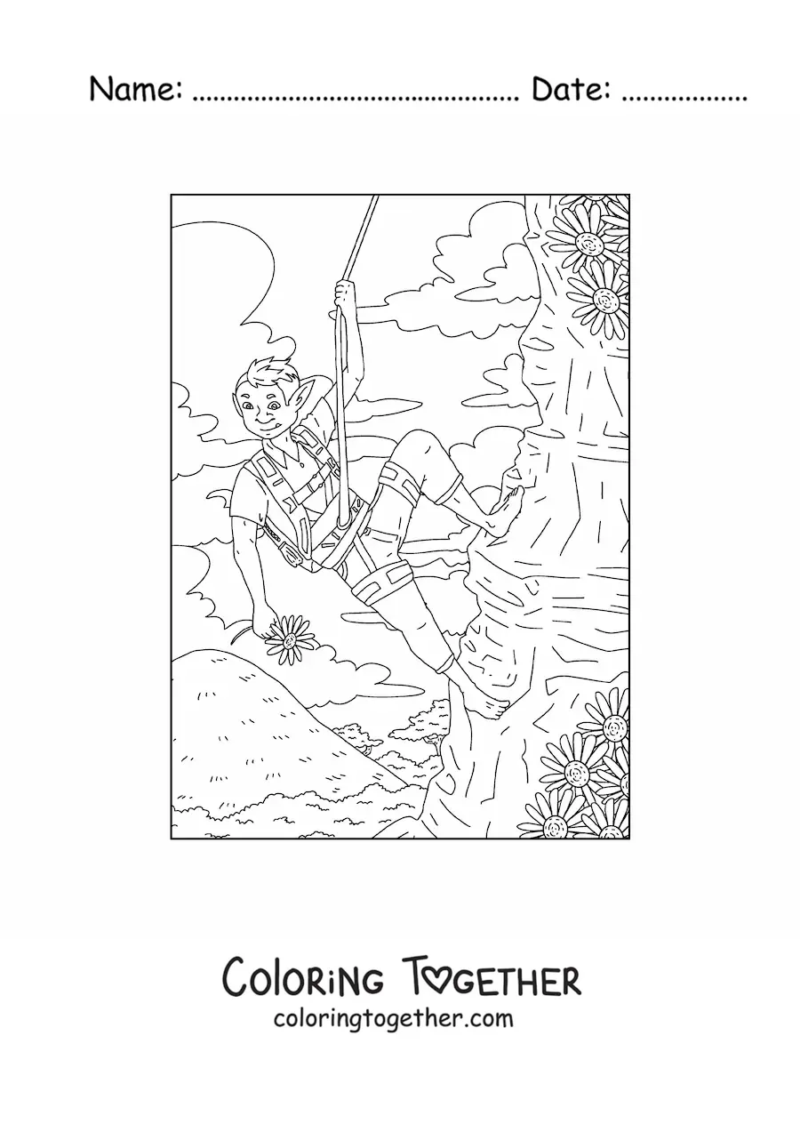 Coloring page of a realistic troll boy climbing a mountain with flowers