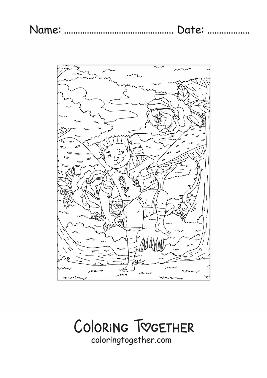 Coloring page of a realistic troll boy with flowers