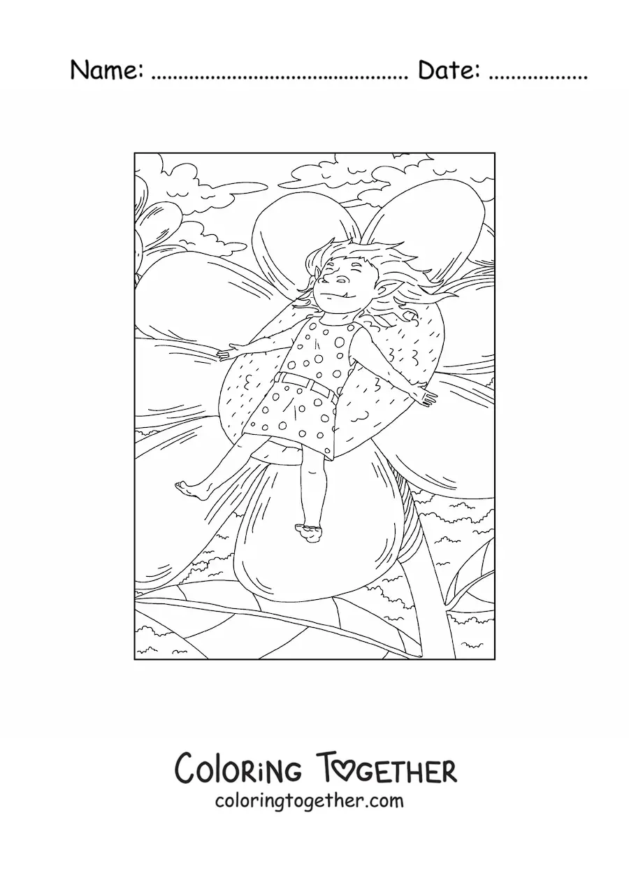 Coloring page of a realistic troll girl sleeping on a flower