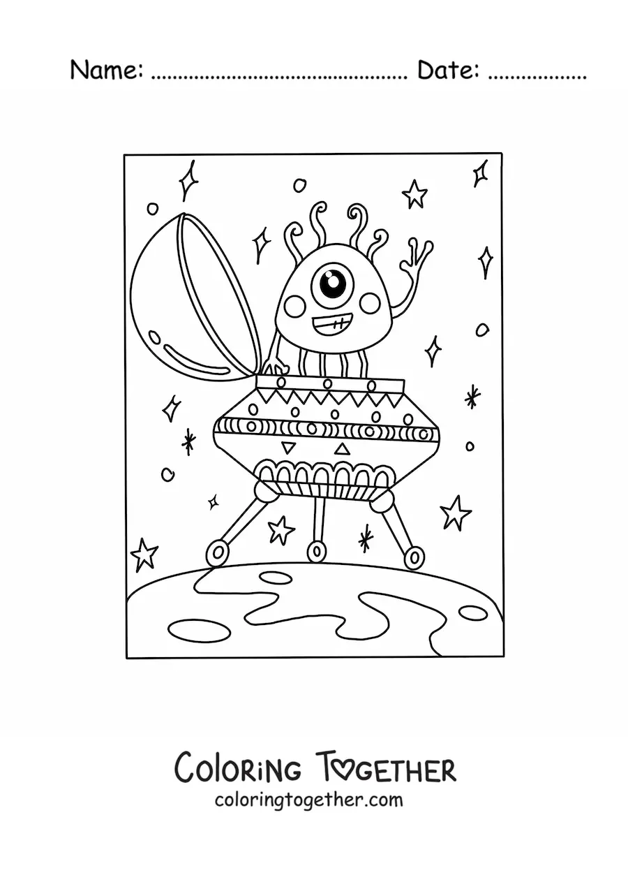 Coloring page of a kawaii alien in his spaceship