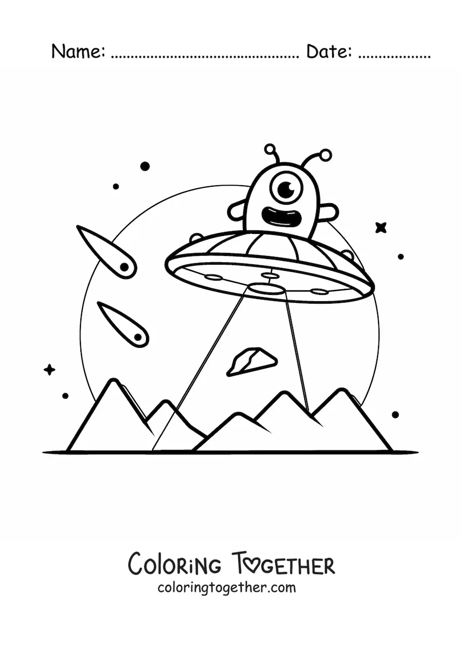 Coloring page of a cartoon alien flying in a ufo