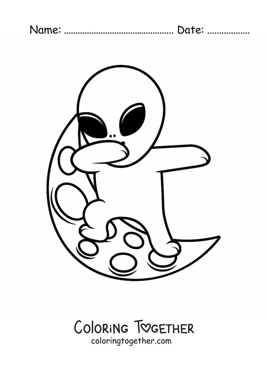 Coloring page of a funny alien on the Moon
