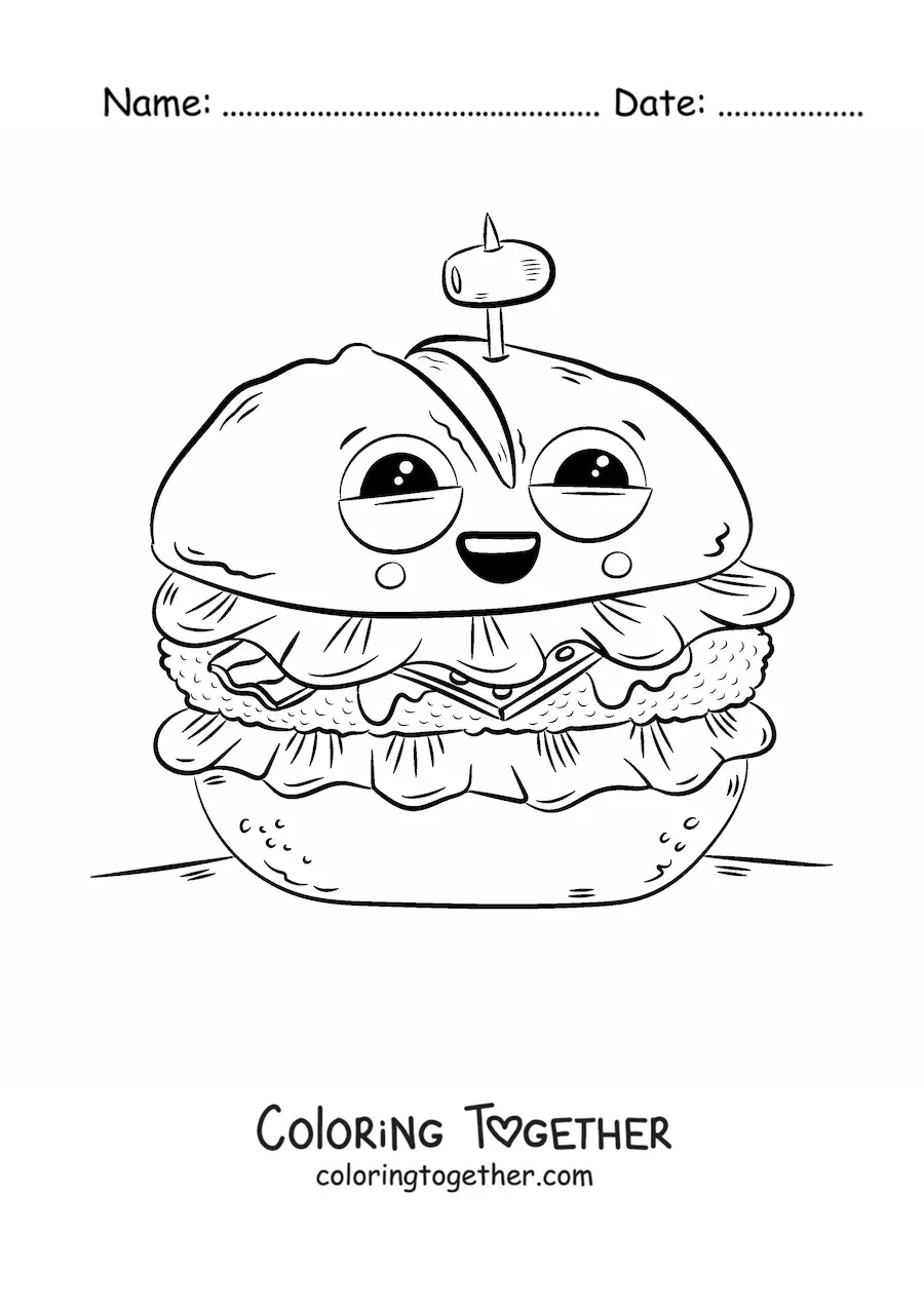Coloring page of an animated hamburger with an olive on a pick