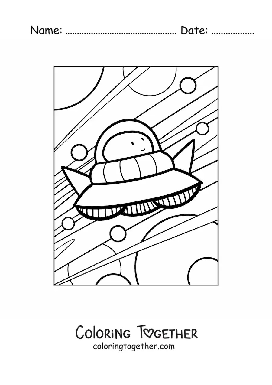 Coloring page of a cartoon alien flying in his spaceship