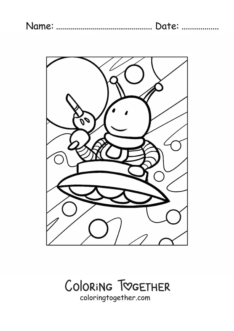 Coloring page of a cartoon alien with a weapon in his spaceship
