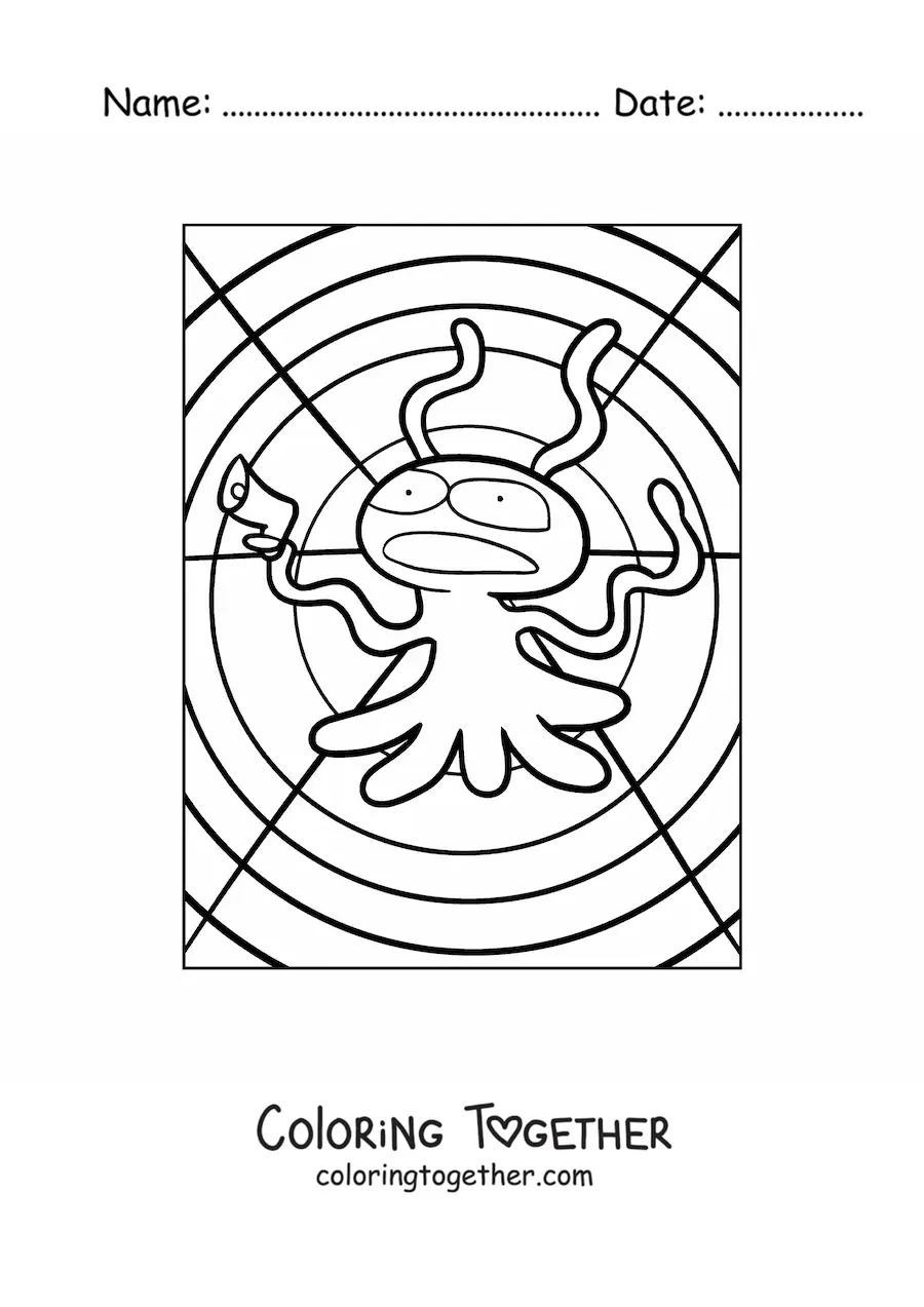 Coloring page of a cartoon alien with a weapon