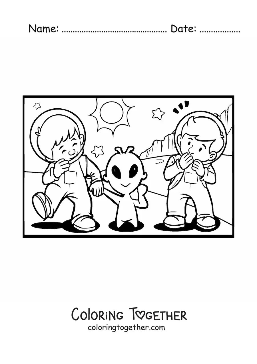 Coloring page of astronauts with an alien on Mars
