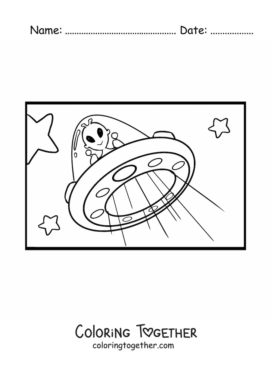 Coloring page of a cartoon martian flying in a ufo