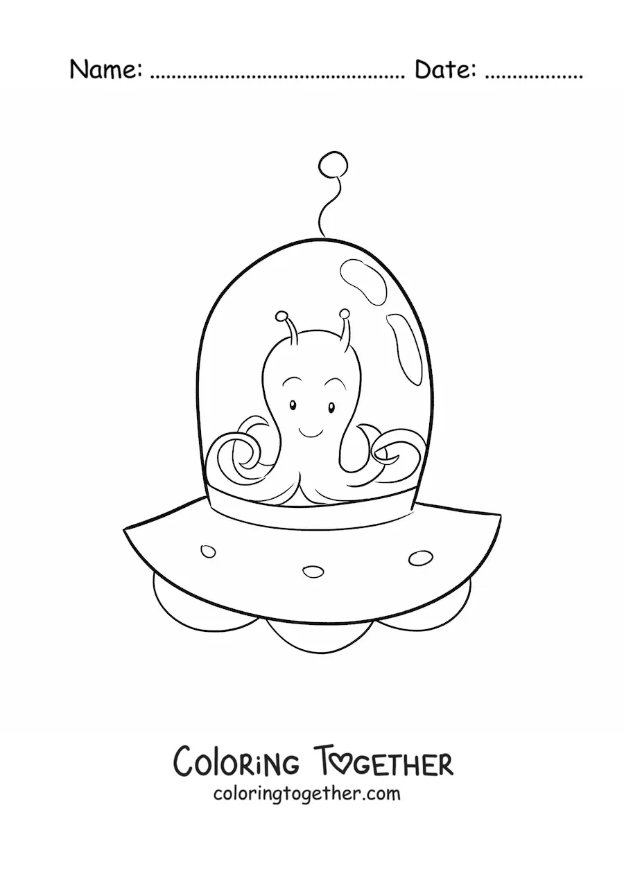 Coloring page of a cartoon martian in a ufo