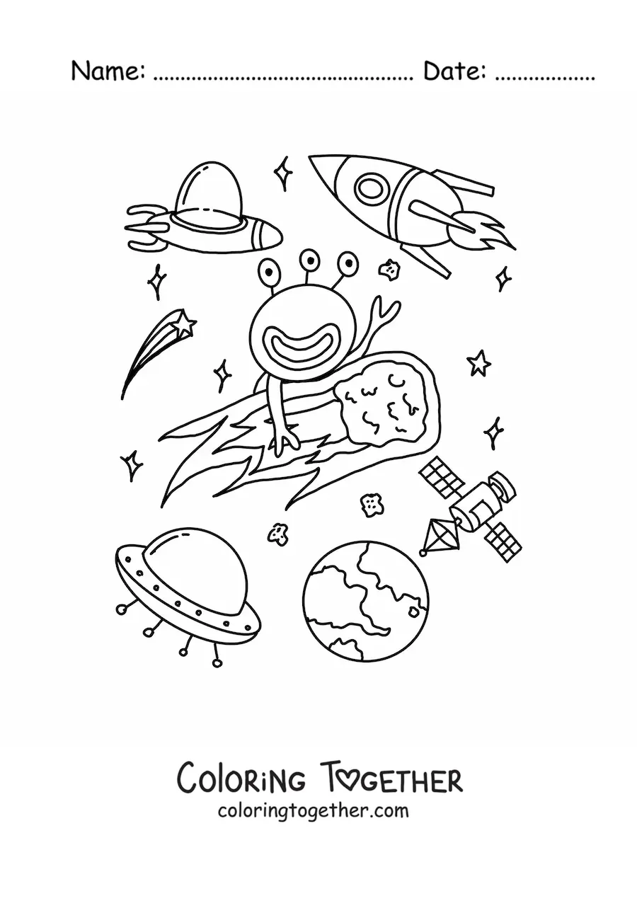Coloring page of a cartoon martian on an asteroid
