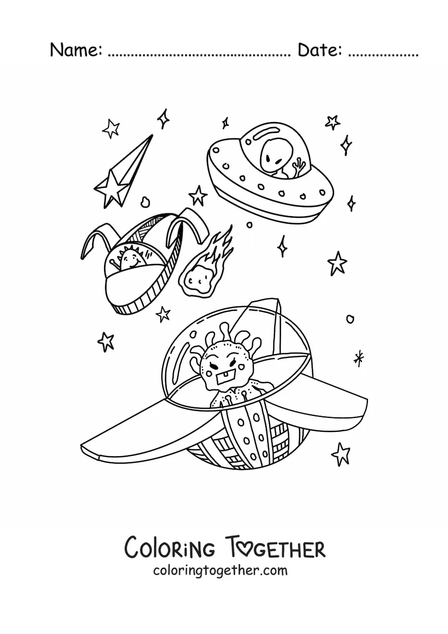 Coloring page of cartoon aliens in spaceships