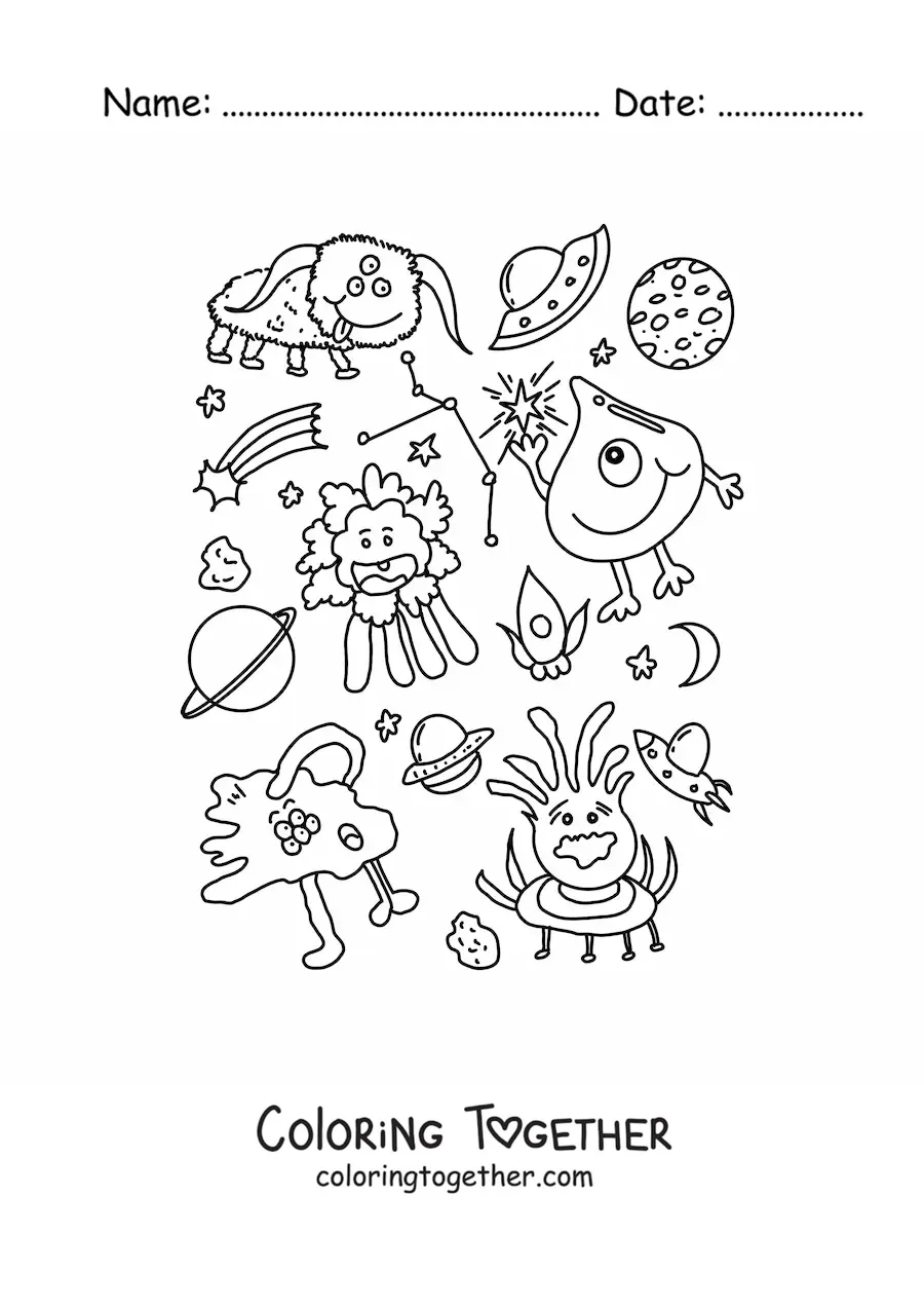 Coloring page of cartoon aliens