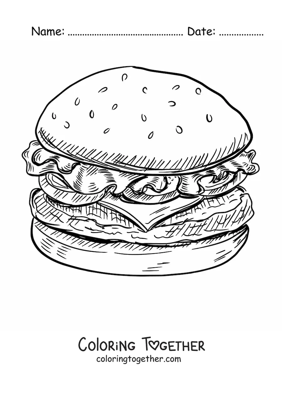 Coloring page of a realistic hamburger