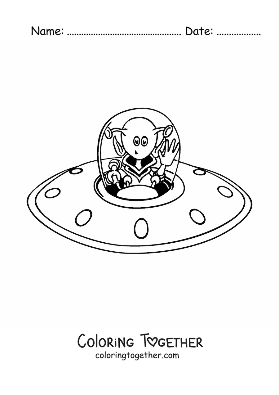 Coloring page of a cartoon of a martian in his spaceship