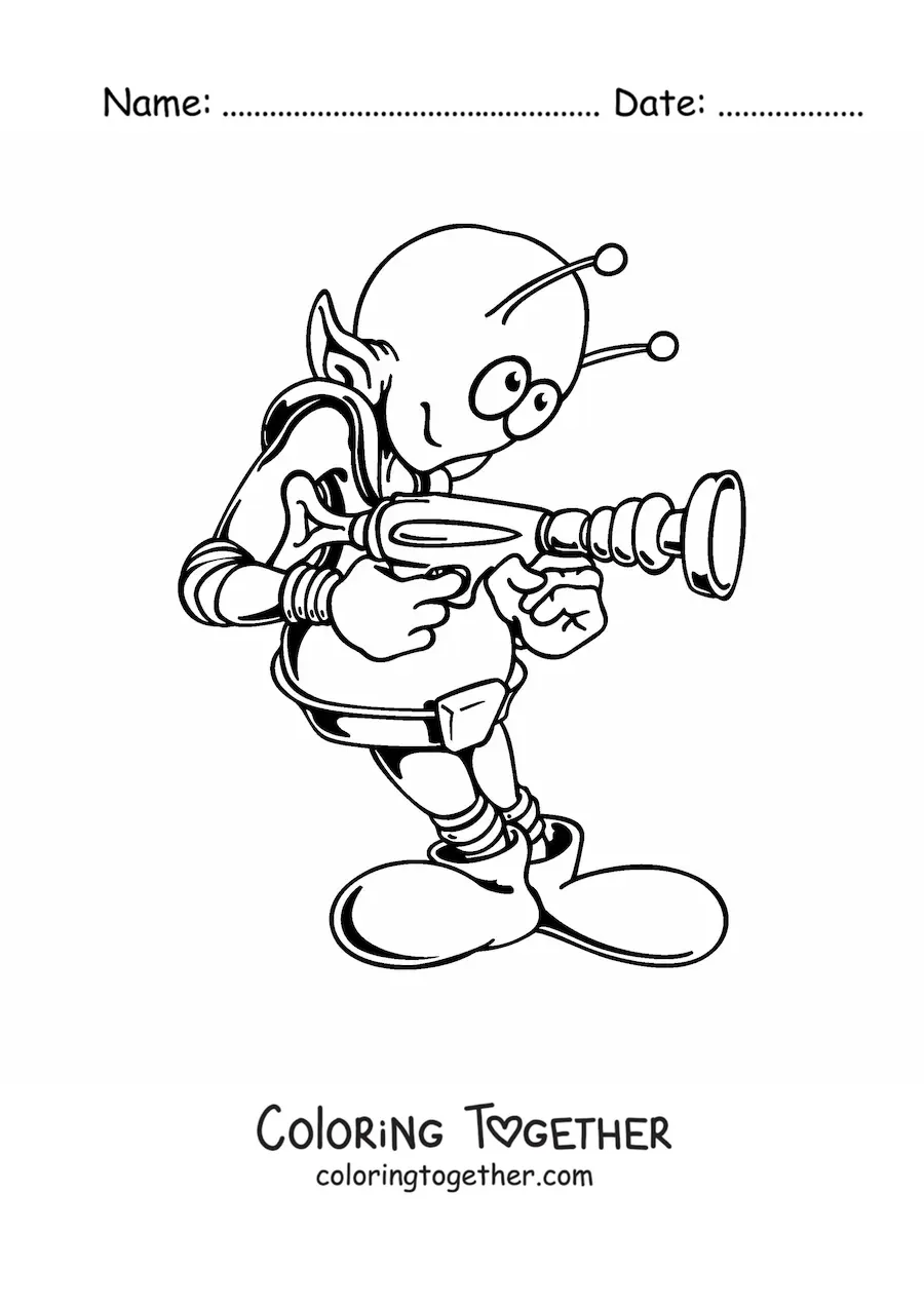Coloring page of a cartoon of a martian with a weapon