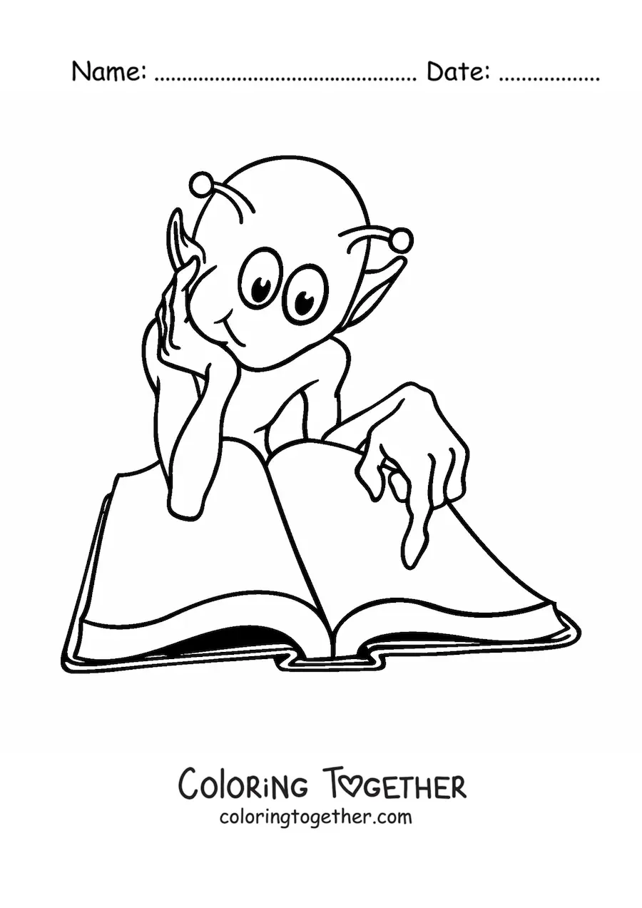Coloring page of a cartoon of a martian reading