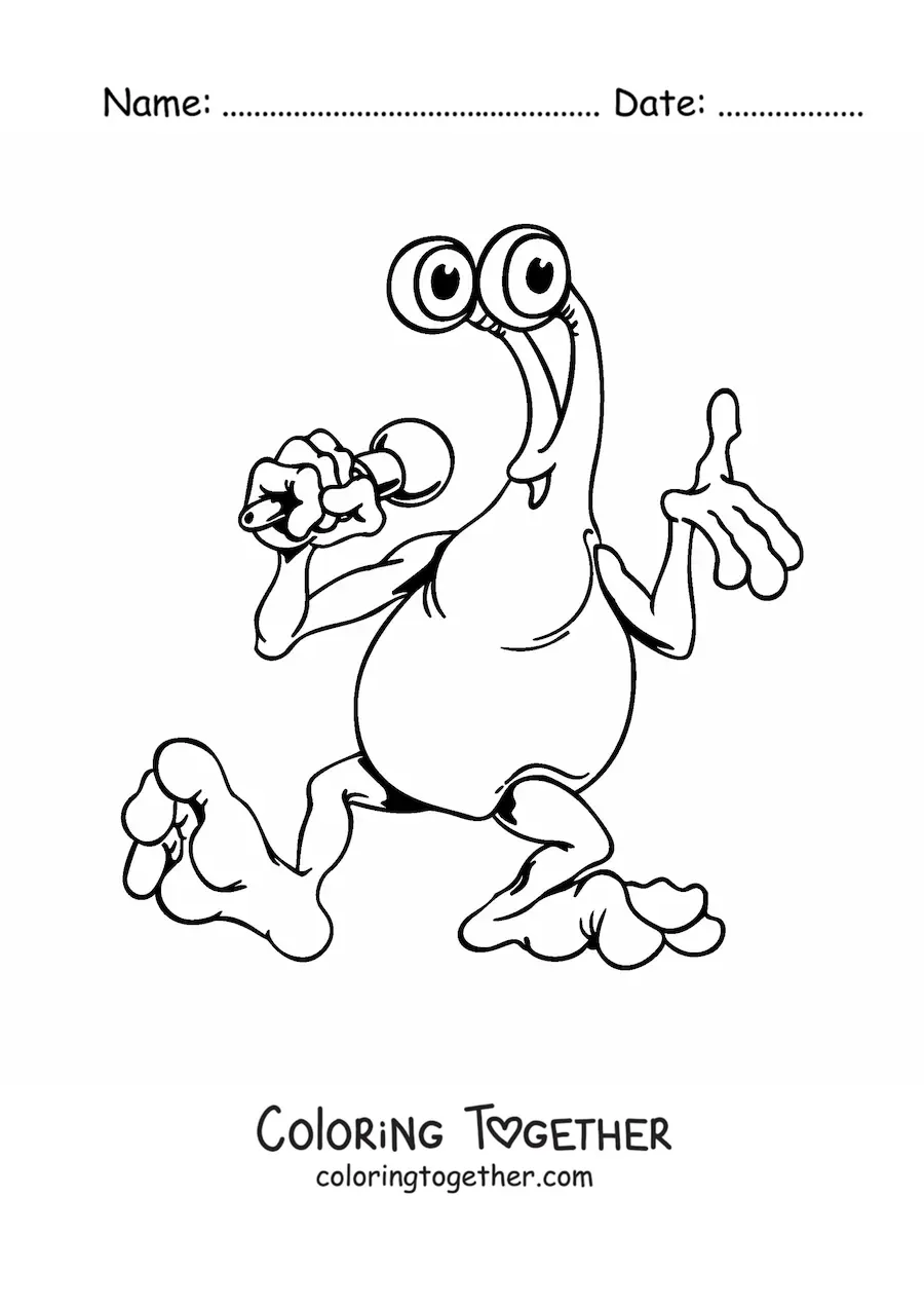 Coloring page of a cartoon of an alien with a microphone