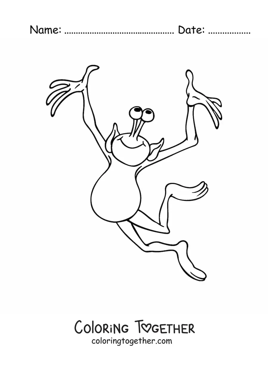 Coloring page of a cartoon of an alien dancing