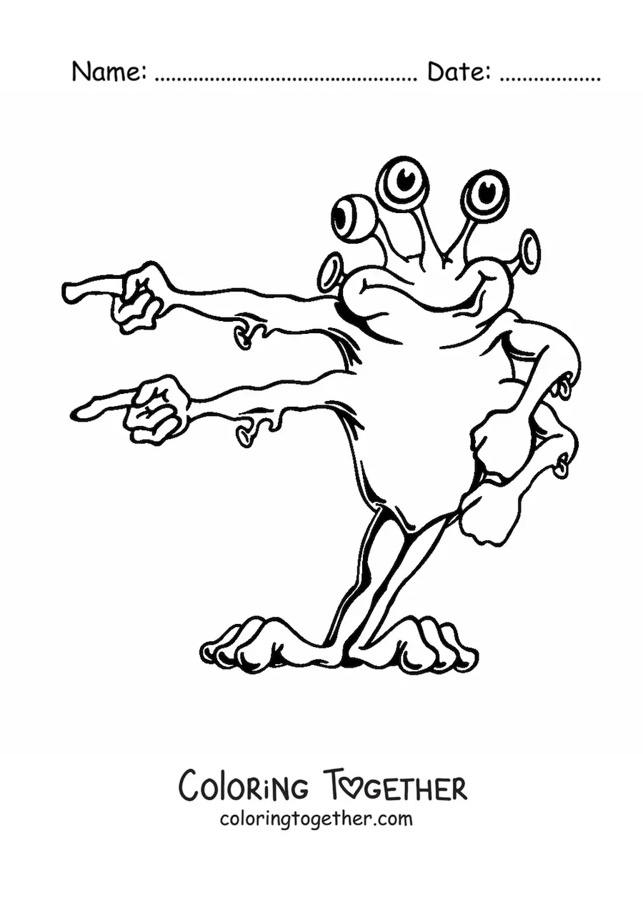Coloring page of a cartoon of a funny alien