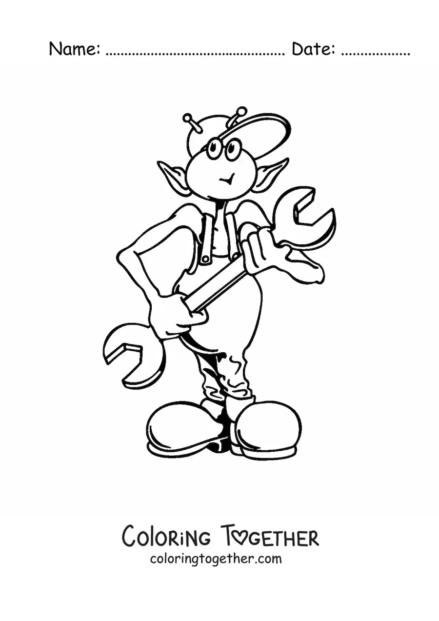 Coloring page of a cartoon of an alien with tools
