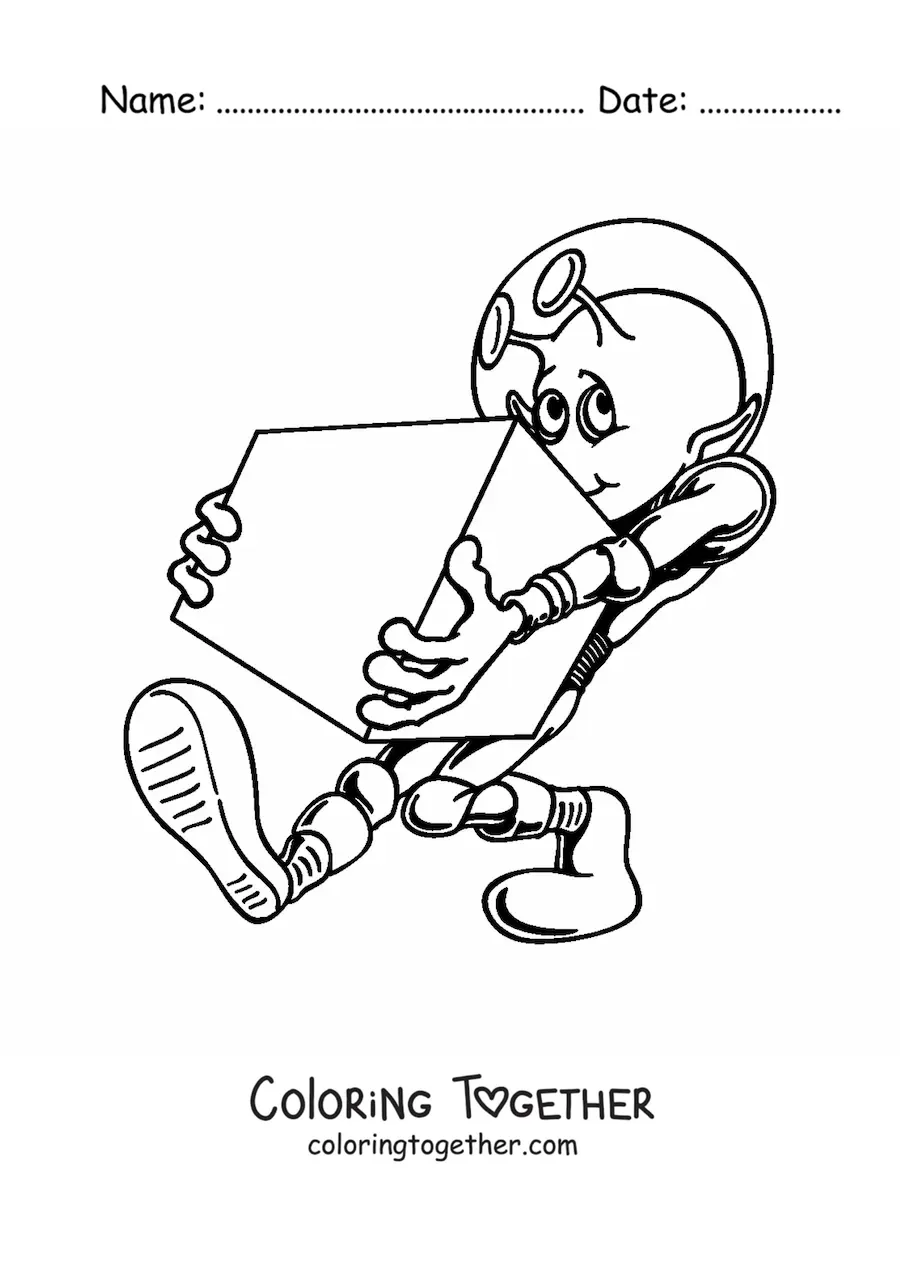 Coloring page of a cartoon of a martian carrying a box