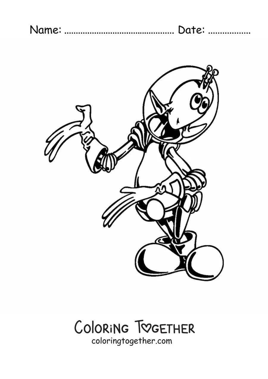 Coloring page of a cartoon of a friendly martian