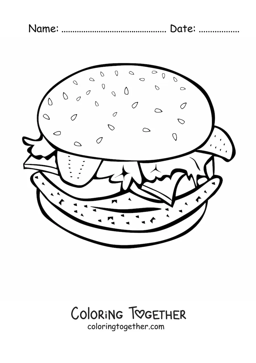 Coloring page of a realistic hamburger