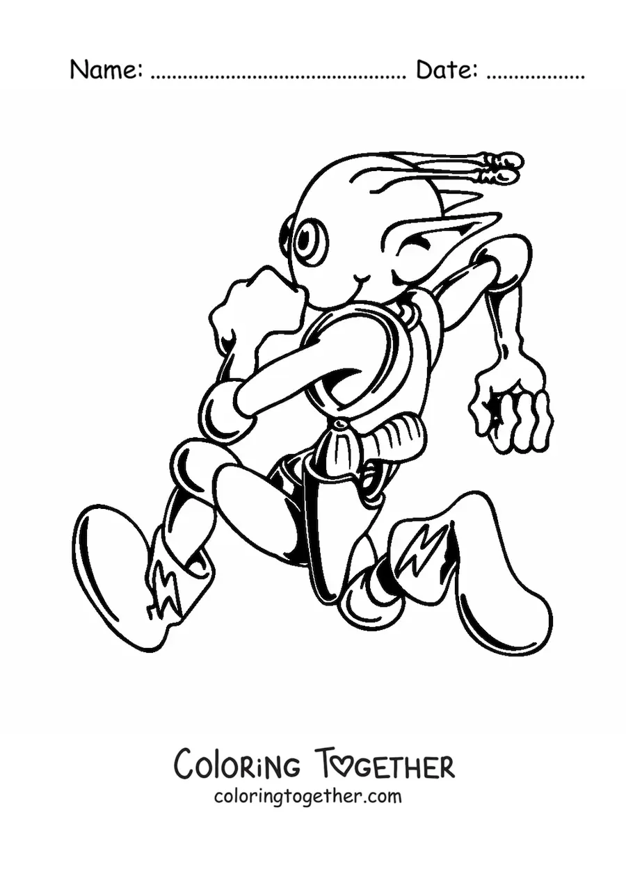 Coloring page of a cartoon of an alien running