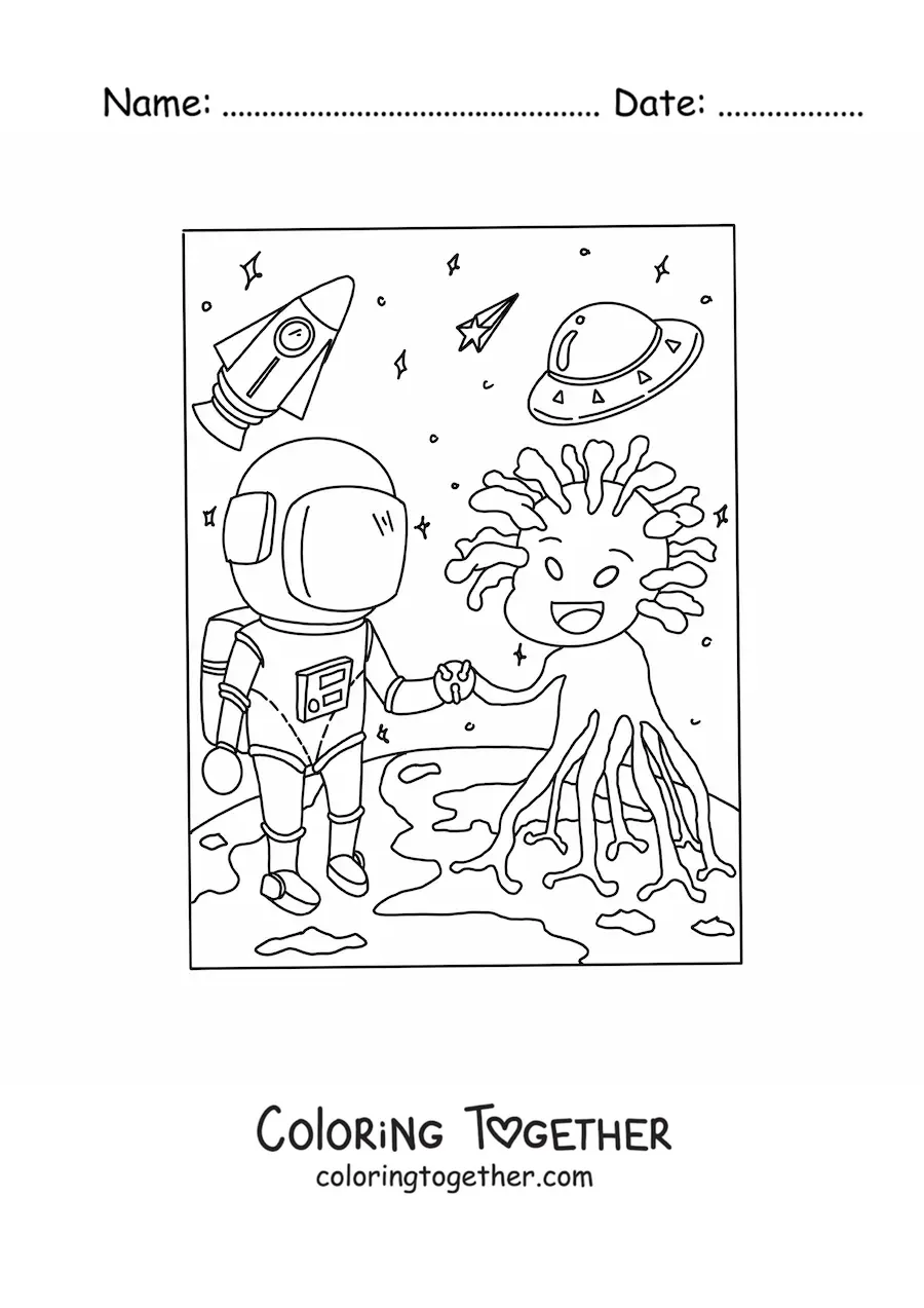 Coloring page of an astronaut greeting an alien