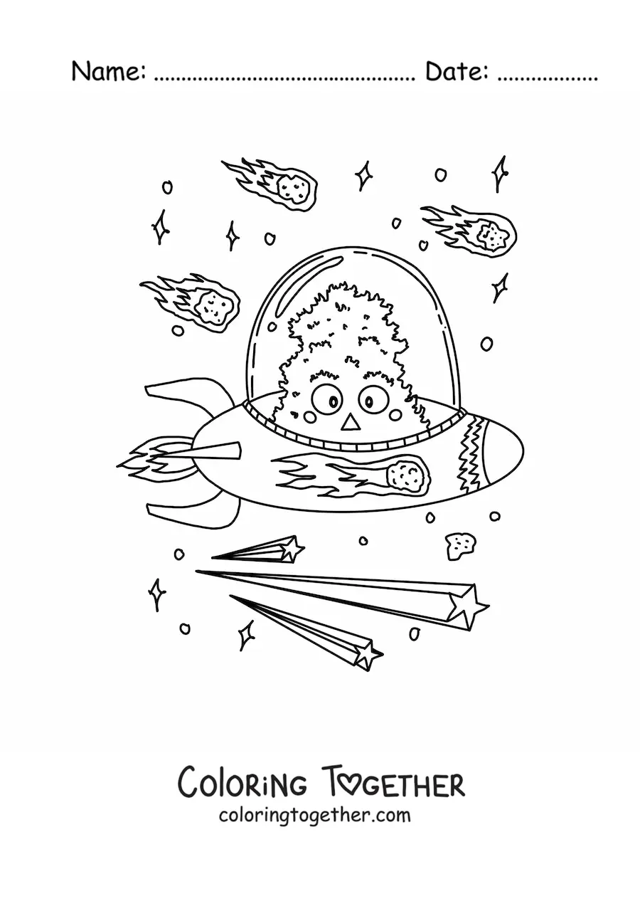 Coloring page of an alien flying in his spaceship
