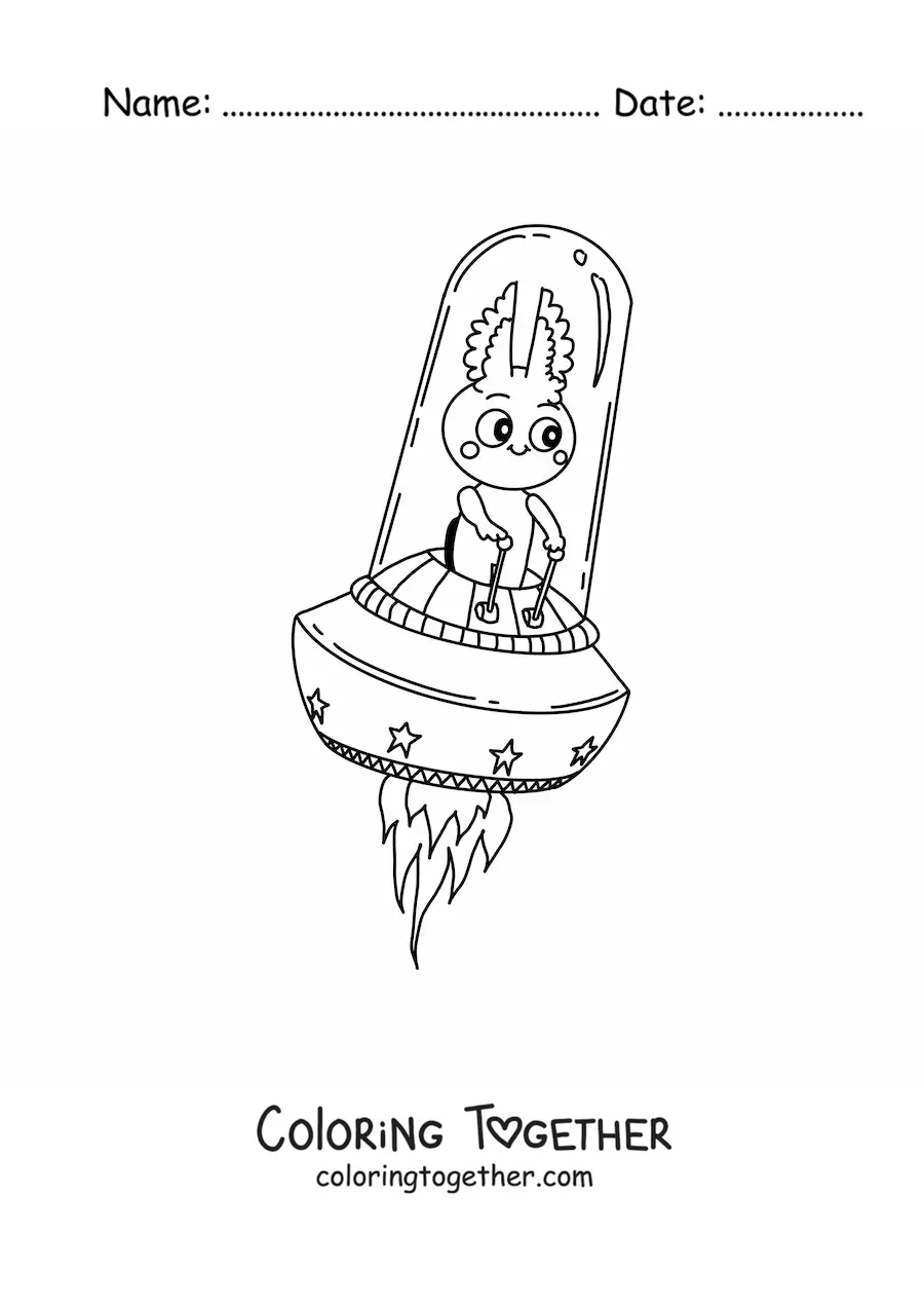 Coloring page of an alien flying in a ufo