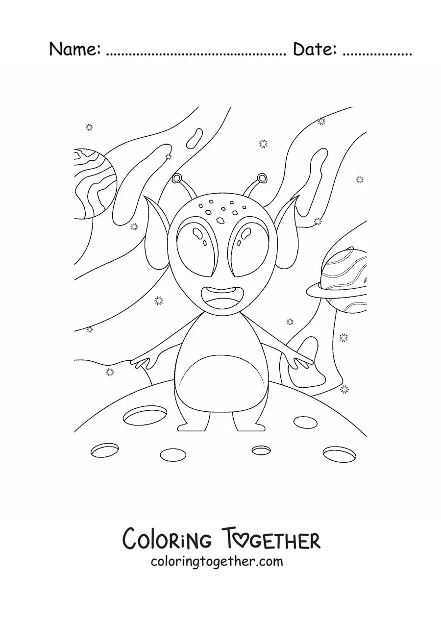 Coloring page of an alien on the Moon