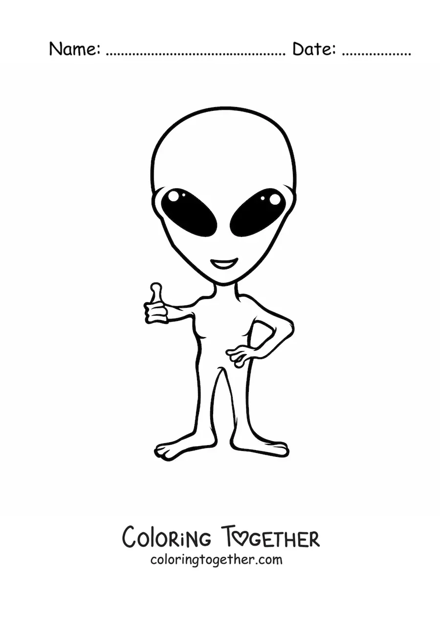 Coloring page of an easy alien giving a thumbs up