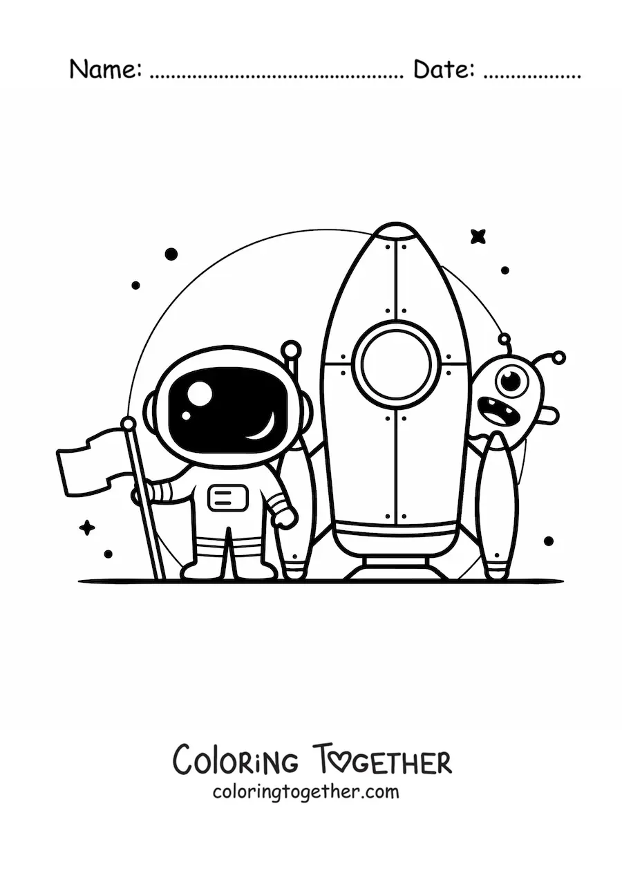 Coloring page of an astronaut with a rocket and an alien