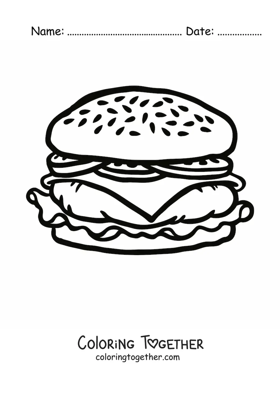 Coloring page of a hamburger with tomatoes and cheese
