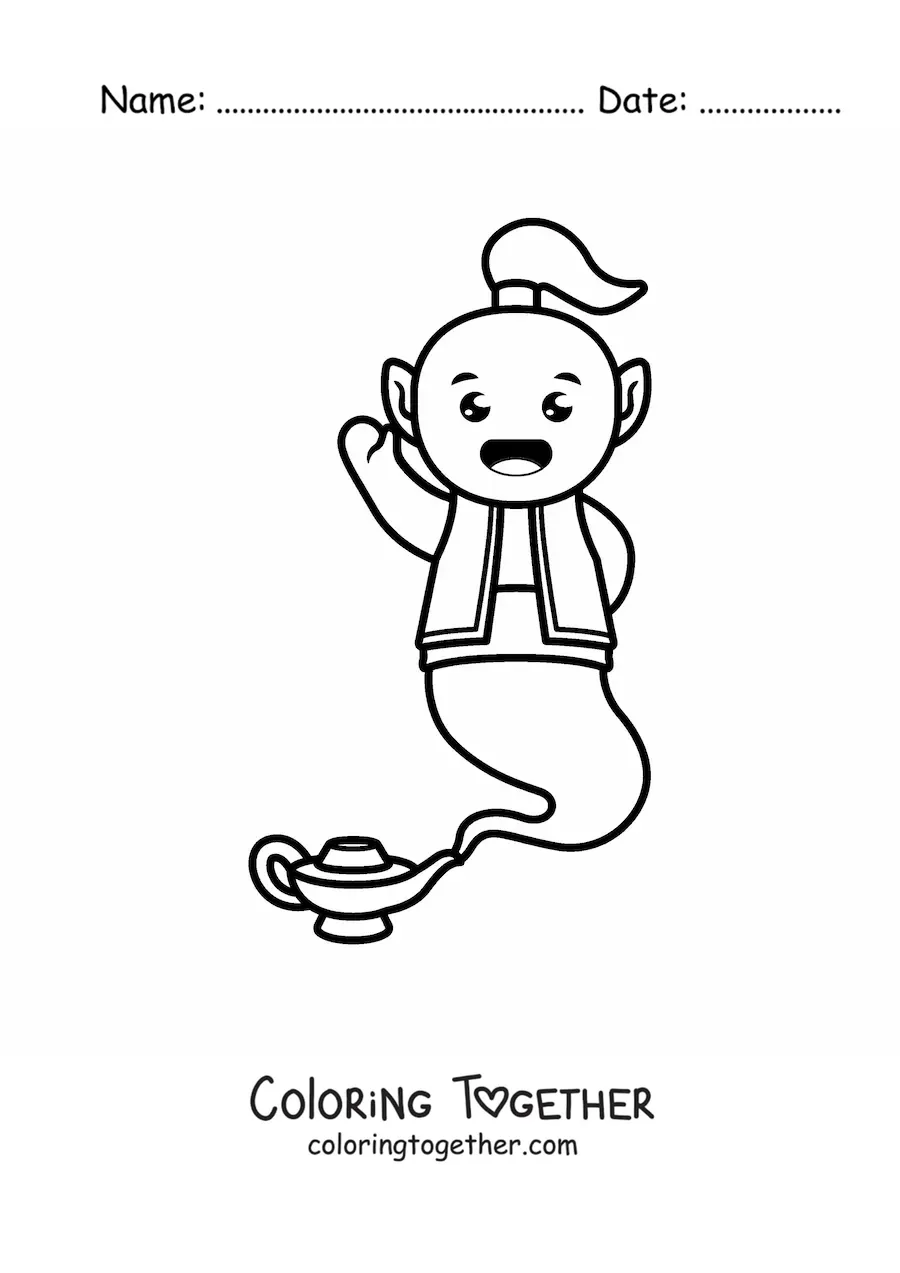 Coloring page of a kawaii genie coming out of the lamp