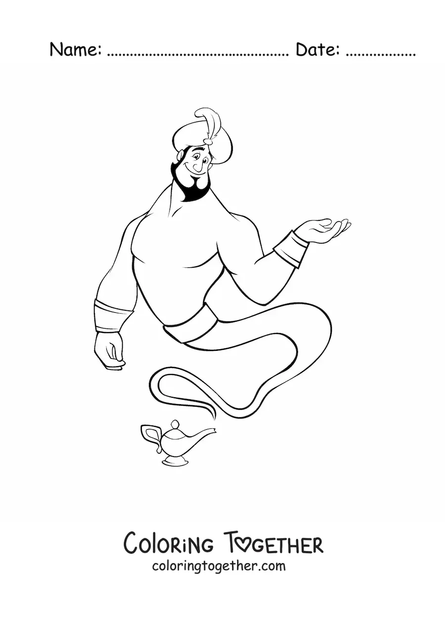 Coloring page of a magic genie of the lamp