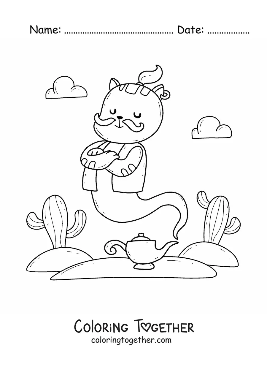 Coloring page of a cartoon kawaii cat genie coming out of the lamp