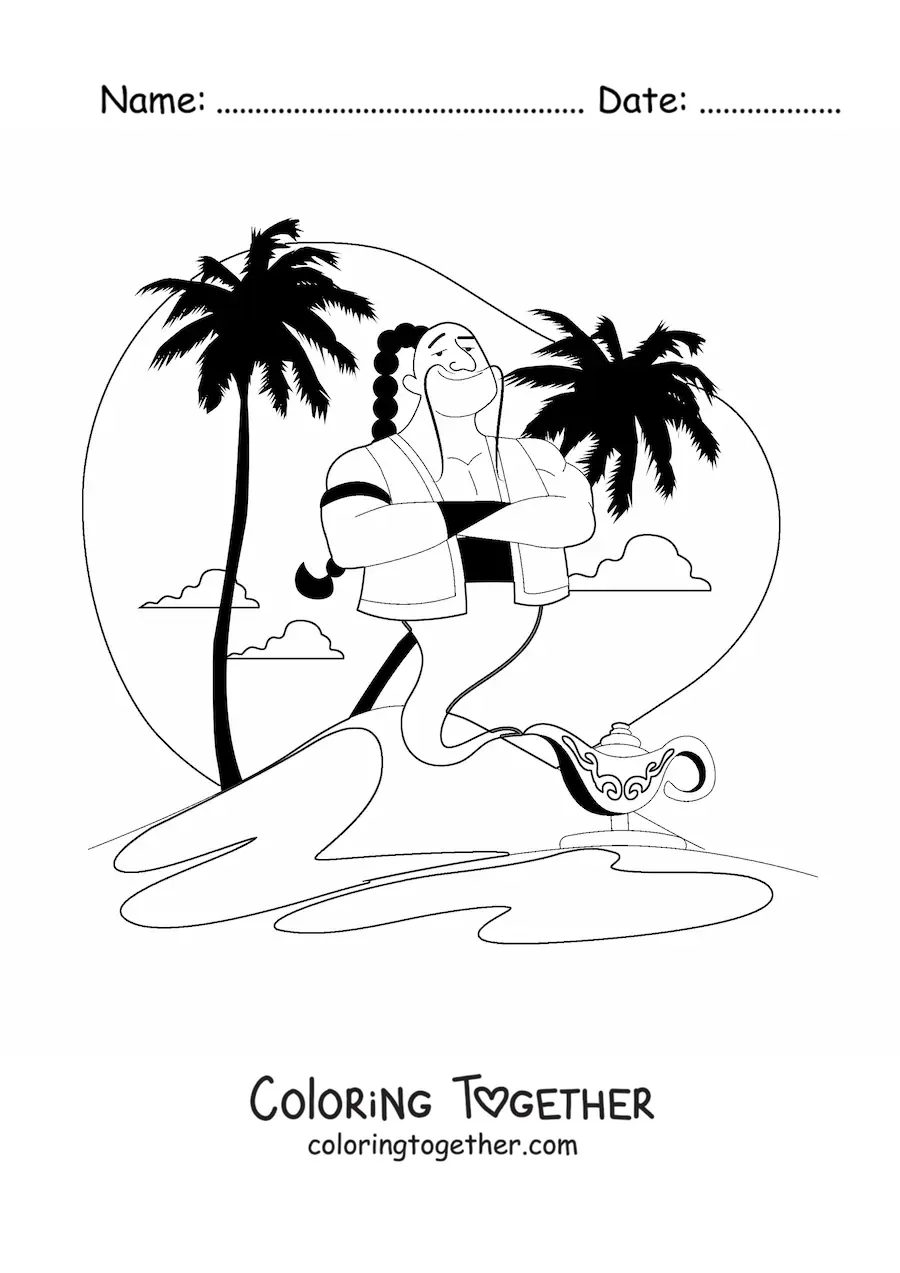 Coloring page of a cartoon genie coming out of the wonderful lamp