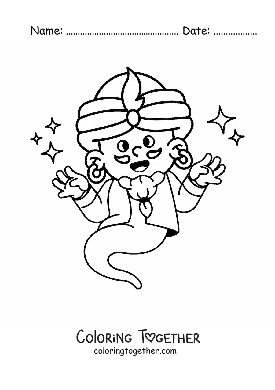 Coloring page of a cartoon magic genie