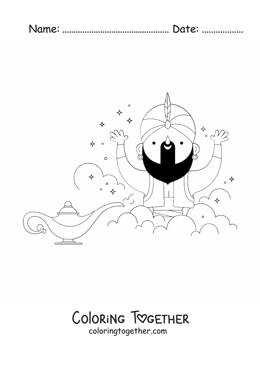 Coloring page of a cartoon genie of the lamp