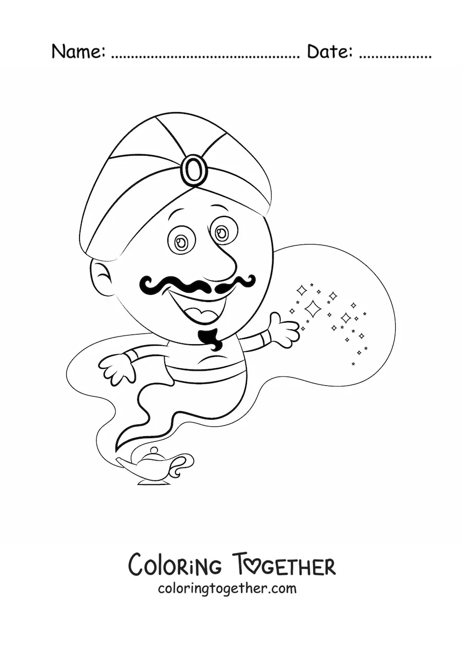 Coloring page of a magic genie coming out of the lamp