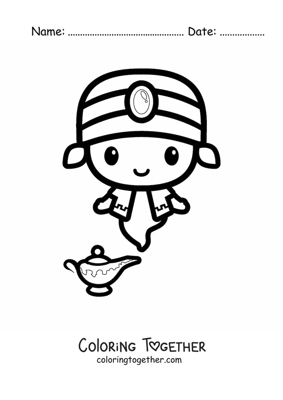Coloring page of an easy kawaii genie coming out of the lamp