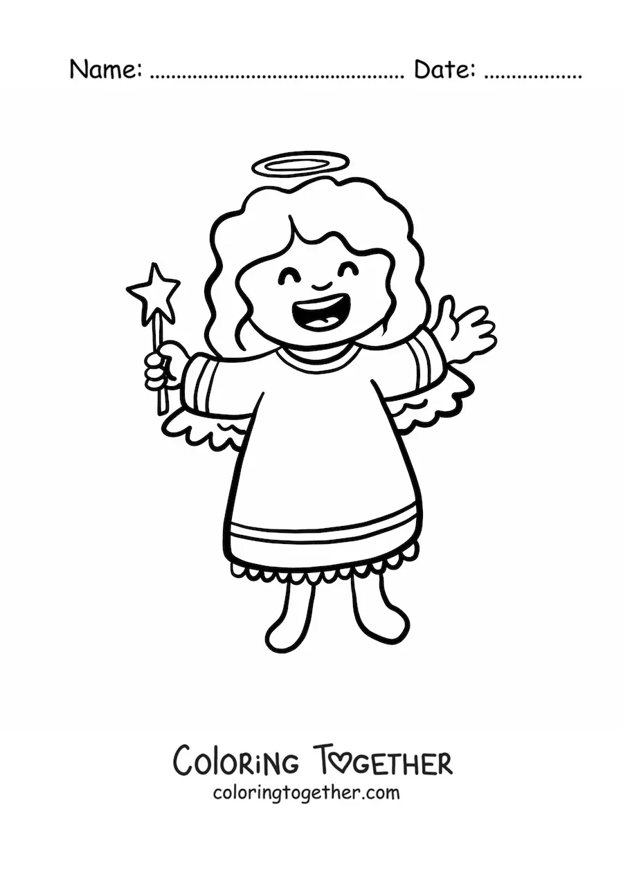 Coloring page of a cartoon female angel