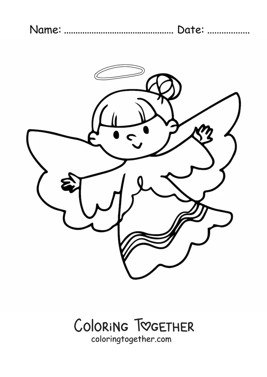 Coloring page of a female angel with open wings