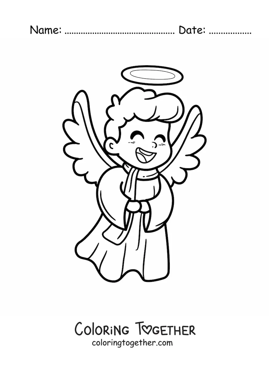 Coloring page of a happy cartoon angel
