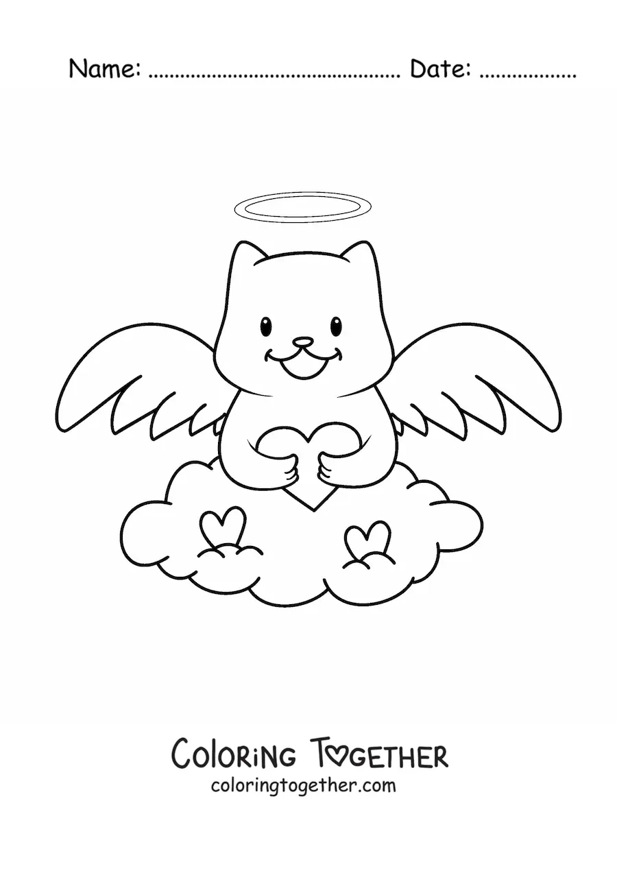 Coloring page of a cartoon angel cat with a heart in the sky