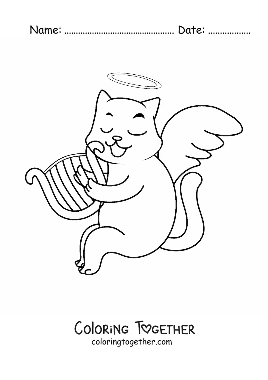 Coloring page of a cartoon angel cat playing the harp