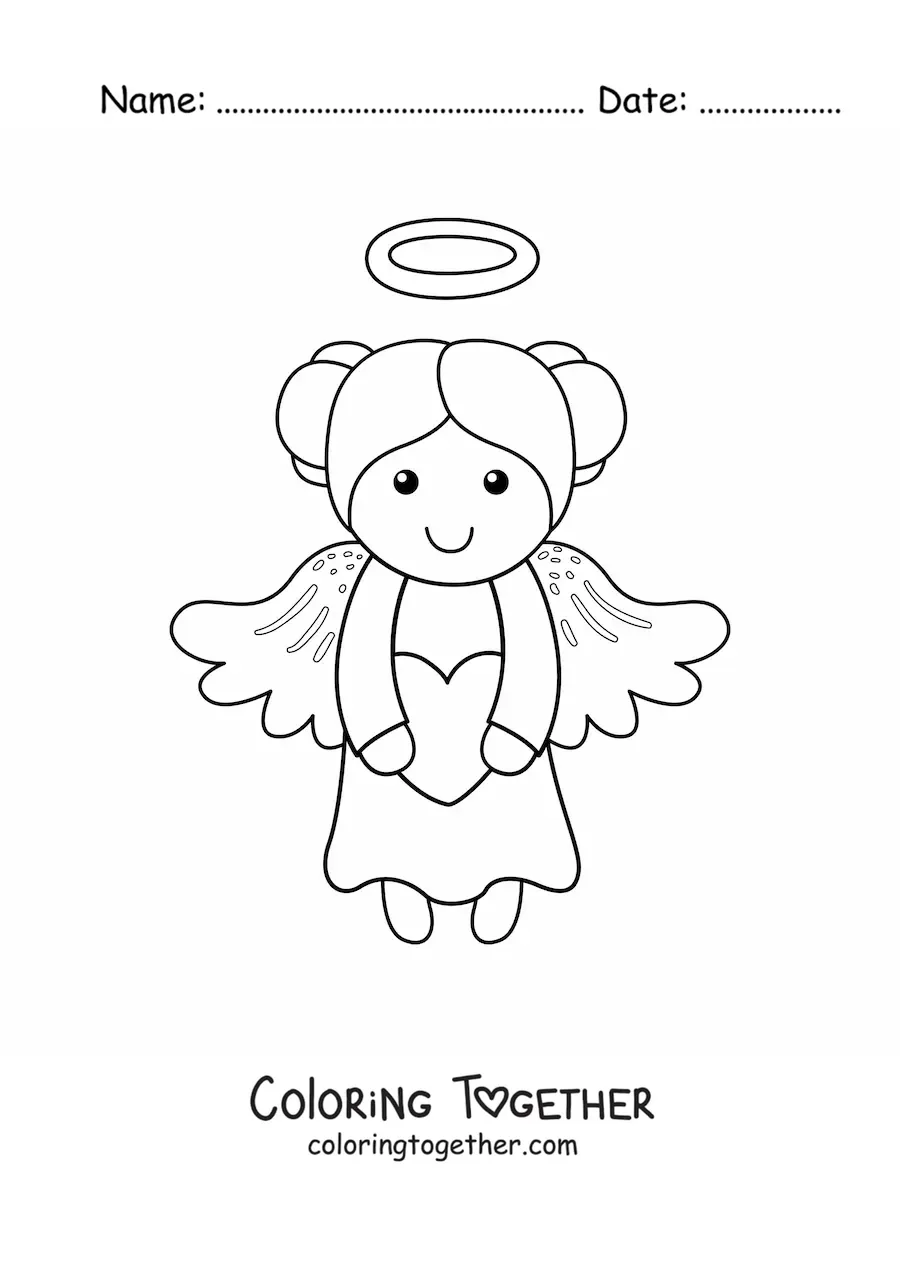 Coloring page of a cartoon angel girl flying with a heart